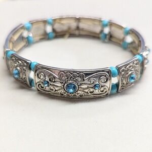 Vtg Stretch Panel Bracelet Turquoise Blue Rhinestone SilverTone Filigree Boho